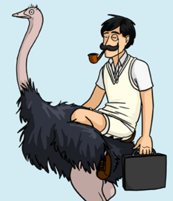 A man with a handlebar mustache and monocle, riding an ostrich and carrying a briefcase