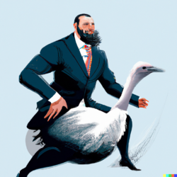 A large man, riding an ostrich while wearing a suit
